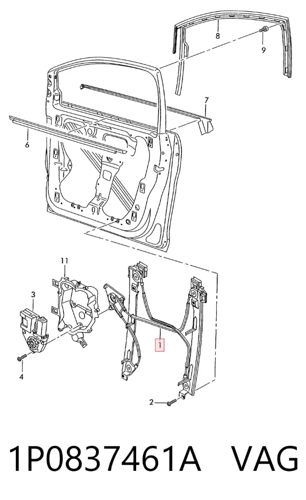 Mechanizm podnoszenia szyby drzwi przednich lewych 1P0837461A VAG