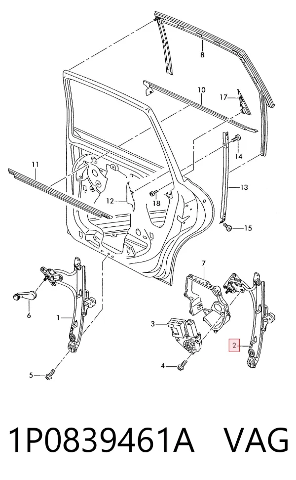 Mechanizm podnoszenia szyby drzwi tylnych lewych 1P0839461A VAG