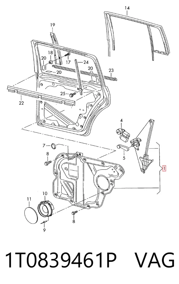 Mechanizm podnoszenia szyby drzwi tylnych lewych 1T0839461P VAG