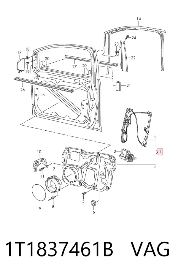 Mechanizm podnoszenia szyby drzwi przednich lewych 1T1837461B VAG