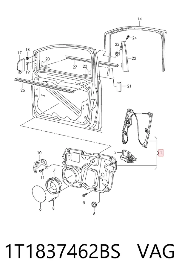 Mechanizm podnoszenia szyby drzwi przednich prawych 1T1837462BS VAG