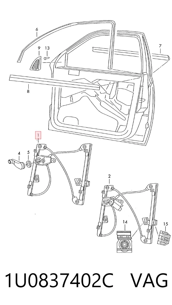 Mechanizm podnoszenia szyby drzwi przednich prawych 1U0837402C VAG