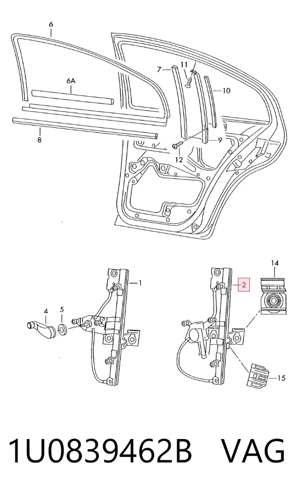 Mechanizm podnoszenia szyby drzwi tylnych prawych 1U0839462B VAG