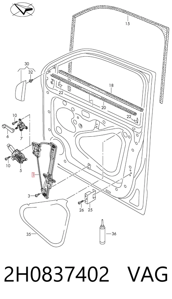 Mechanizm podnoszenia szyby drzwi przednich prawych 2H0837402 VAG