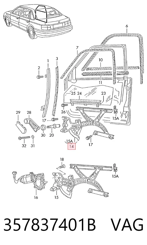 Mechanizm podnoszenia szyby drzwi przednich lewych 357837401B VAG