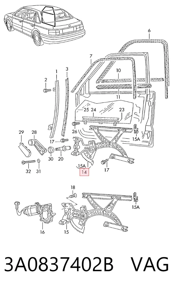 Mechanizm podnoszenia szyby drzwi przednich prawych 3A0837402B VAG