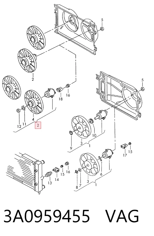 Wentylator elektryczny układu chłodzenia kompletny (silnik+wirnik) 3A0959455 VAG