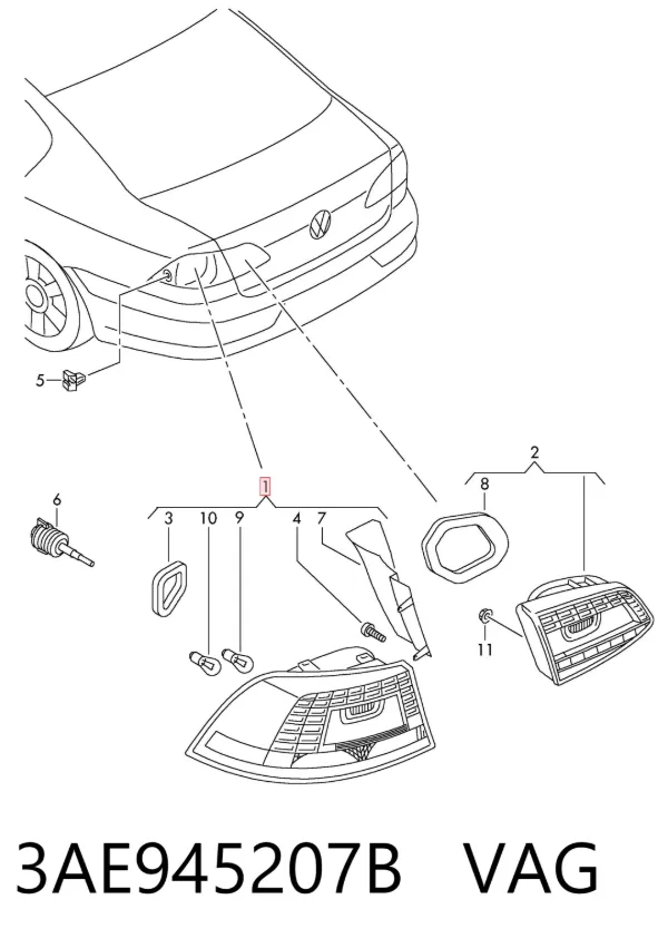 Lampa zespolona tylna lewa zewnętrzna 3AE945207B VAG
