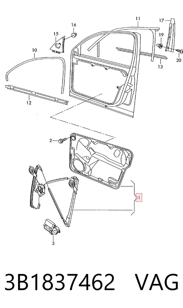 Mechanizm podnoszenia szyby drzwi przednich prawych 3B1837462 VAG
