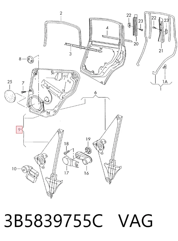 Mechanizm podnoszenia szyby drzwi tylnych lewych 3B5839755C VAG
