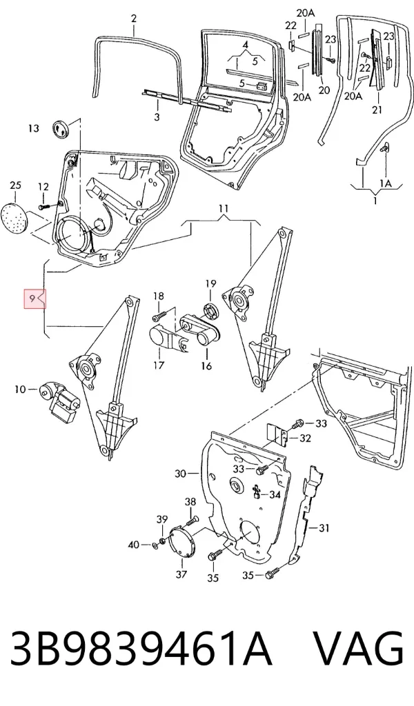 Mechanizm podnoszenia szyby drzwi tylnych lewych 3B9839461A VAG