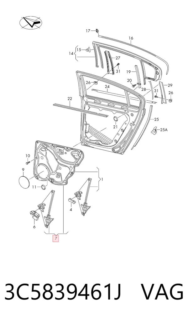 Mechanizm podnoszenia szyby drzwi tylnych lewych 3C5839461J VAG