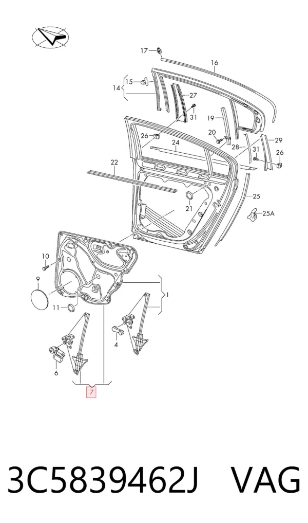 Mechanizm podnoszenia szyby drzwi tylnych prawych 3C5839462J VAG