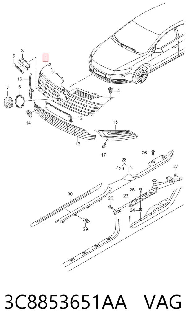 Atrapa chłodnicy 3C8853651AA VAG