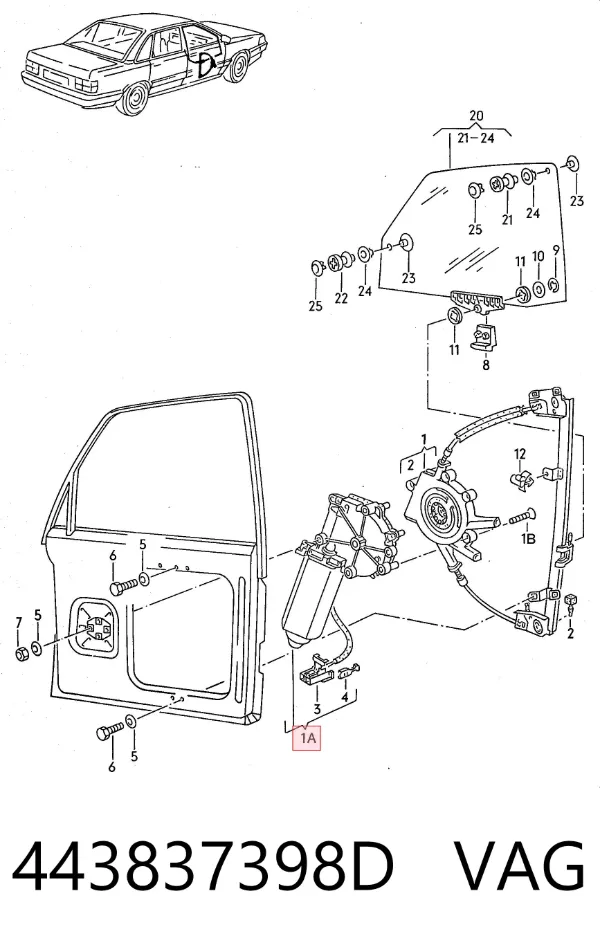 Mechanizm podnoszenia szyby drzwi przednich prawych 443837398D VAG