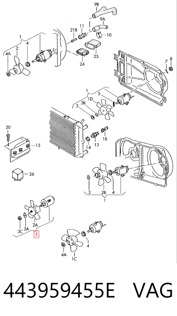 Wentylator elektryczny układu chłodzenia kompletny (silnik+wirnik) 443959455E VAG