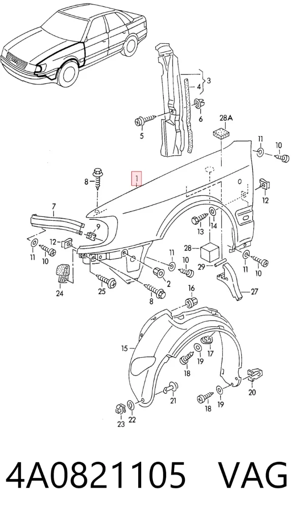 Błotnik przedni lewy 4A0821105 VAG