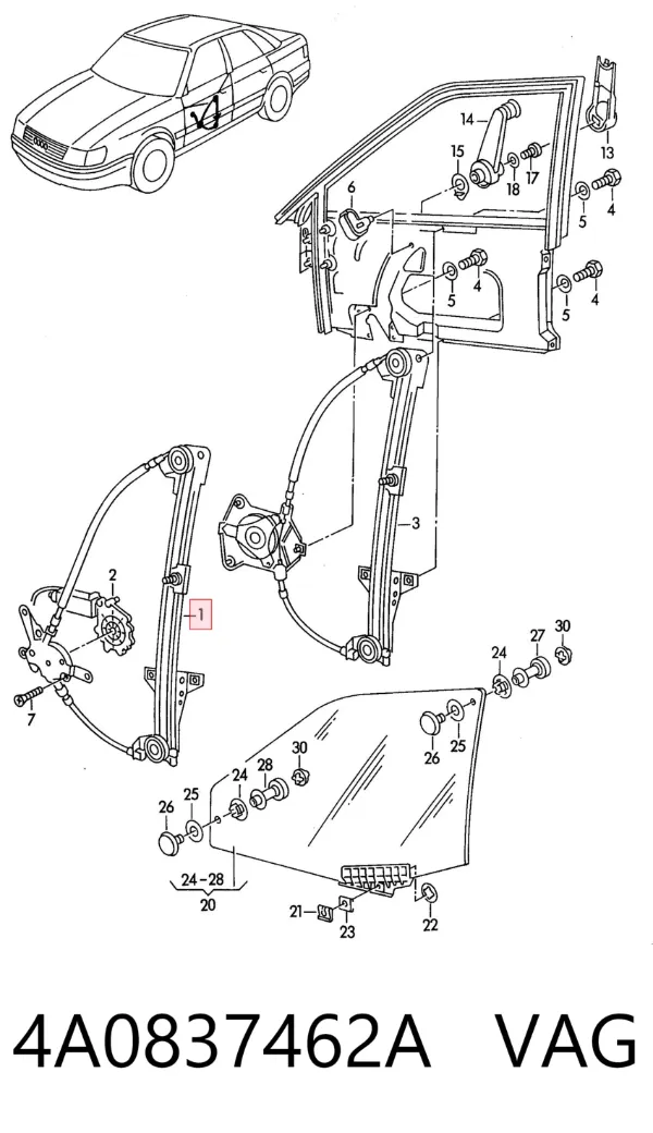 Mechanizm podnoszenia szyby drzwi przednich prawych 4A0837462A VAG