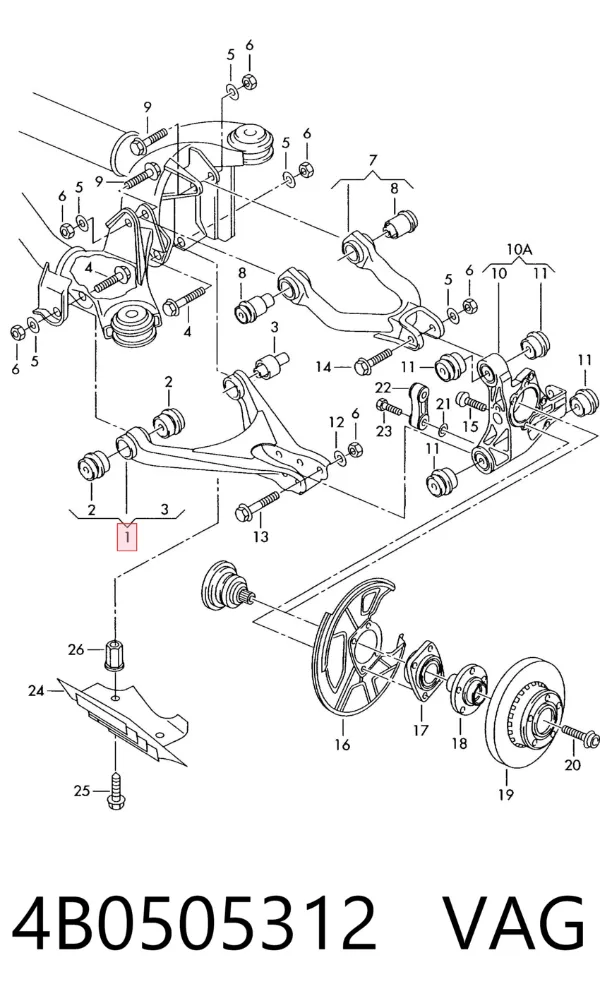 Wahacz zawieszenia tylnego dolny prawy 4B0505312 VAG
