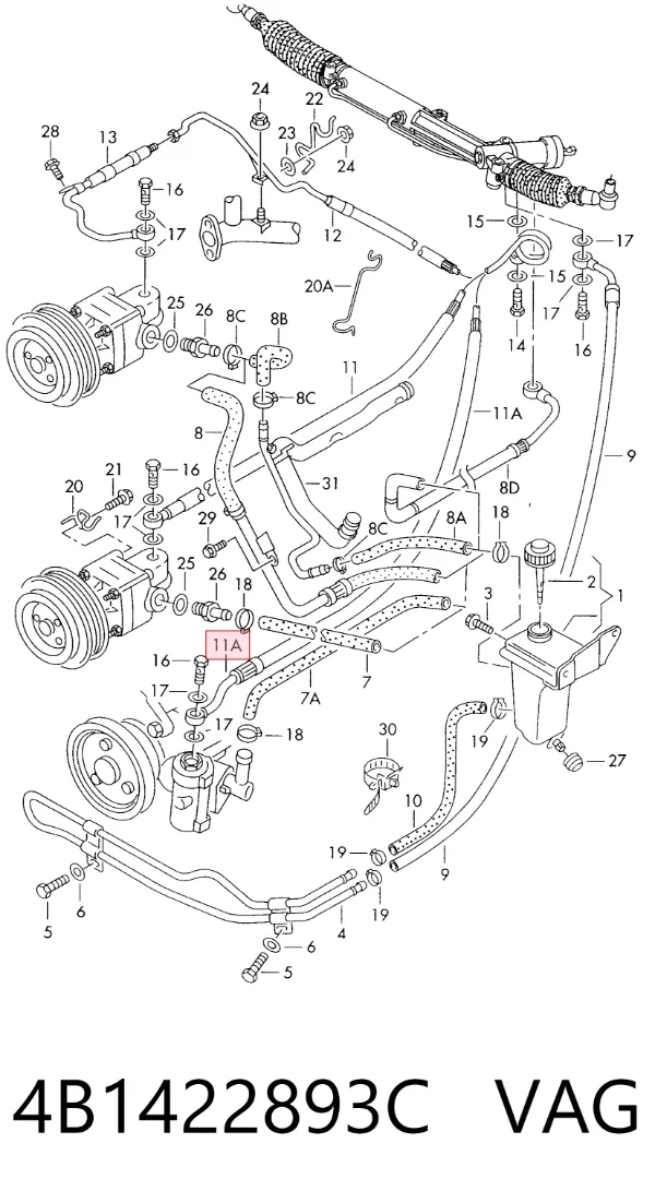 Przewód hydraulicznego układu wspomagania wysokiego ciśnienia, od pompy do maglownicy (mechanizmu) 4B1422893C VAG