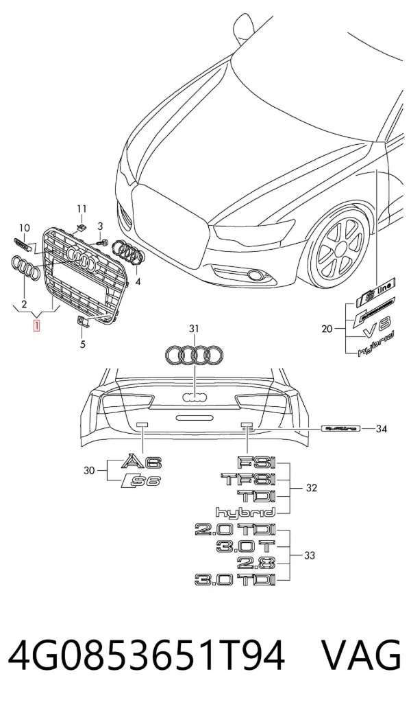 Atrapa chłodnicy 4G0853651T94 VAG