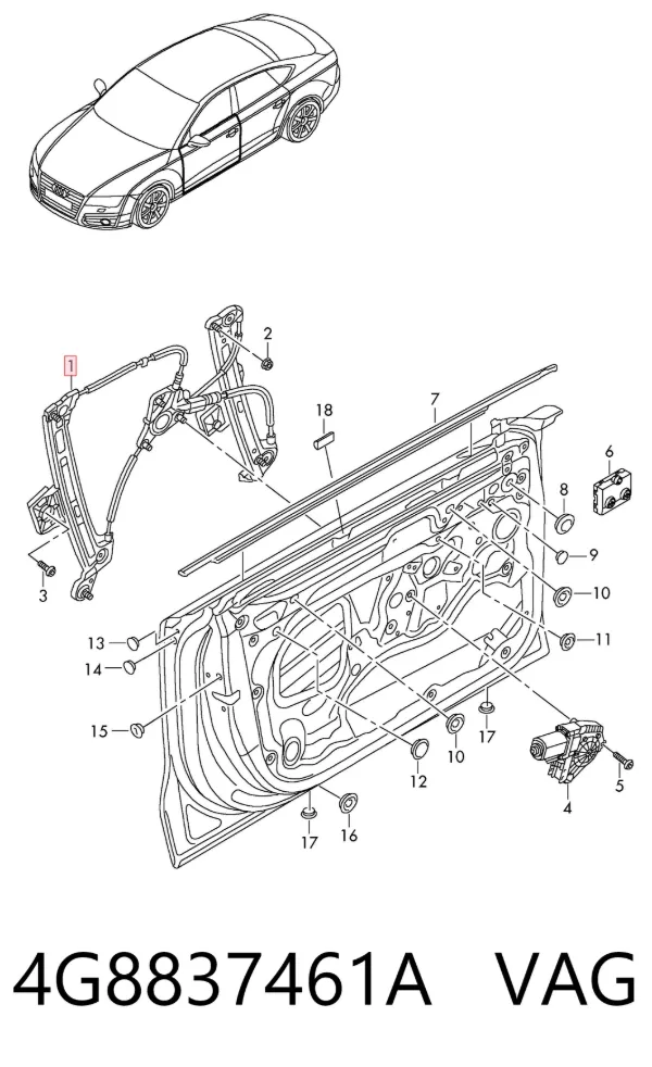 Mechanizm podnoszenia szyby drzwi przednich lewych Audi A7 Sportback