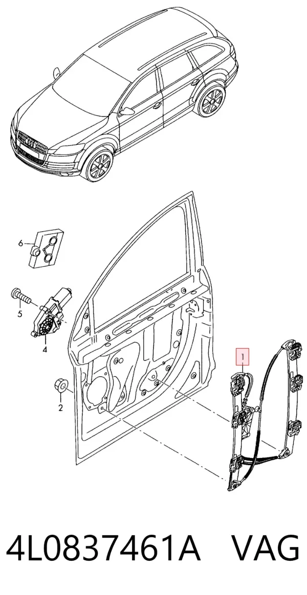 Mechanizm podnoszenia szyby drzwi przednich lewych 4L0837461A VAG