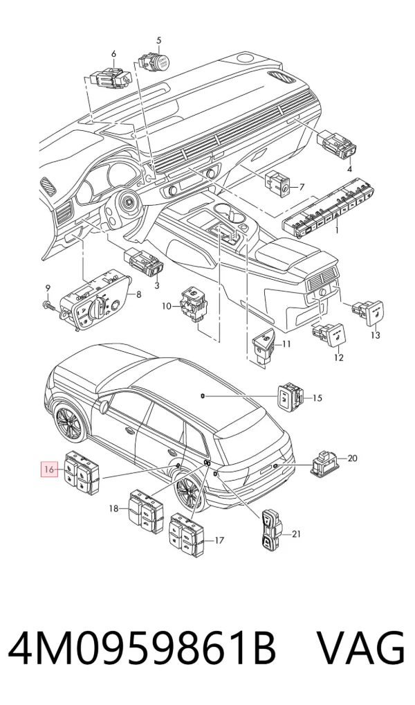 Mechanizm przyciskowy regulacji fotela 4M0959861B VAG
