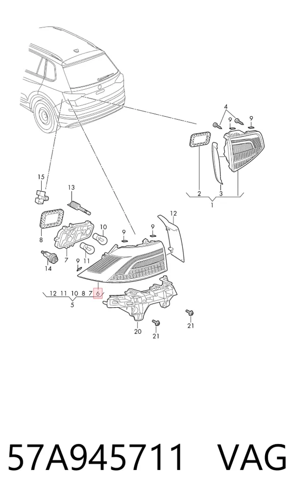 Lampa zespolona tylna lewa zewnętrzna 57A945711 VAG