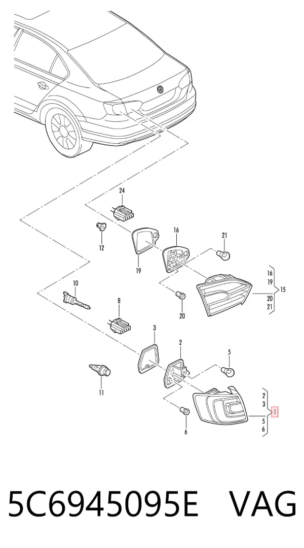 Lampa zespolona tylna lewa zewnętrzna 5C6945095E VAG