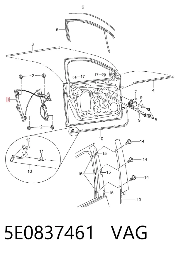 Mechanizm podnoszenia szyby drzwi przednich lewych 5E0837461 VAG