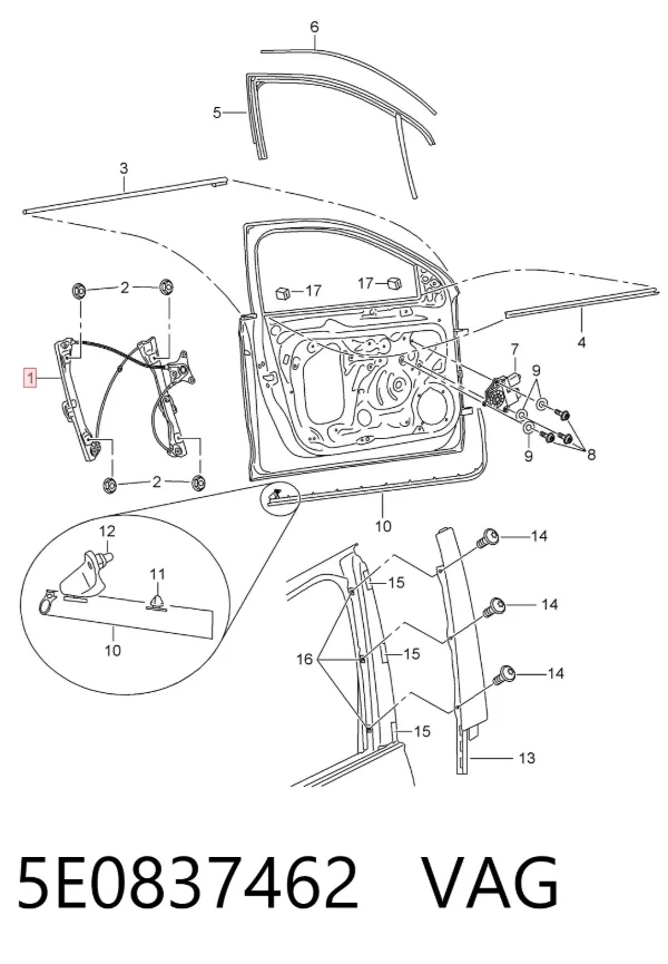Mechanizm podnoszenia szyby drzwi przednich prawych 5E0837462 VAG