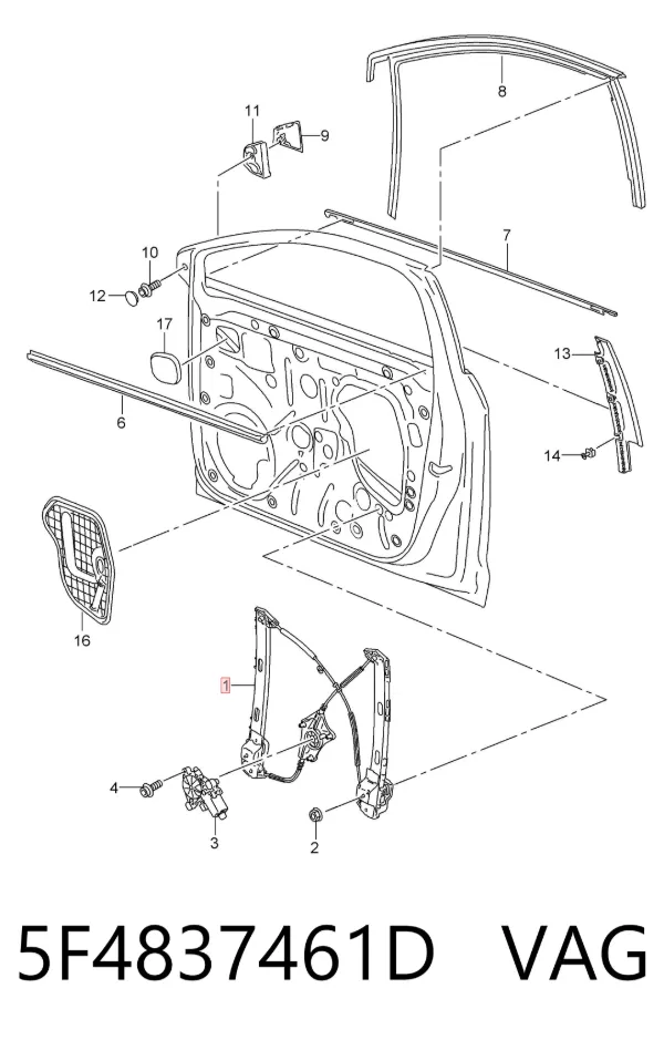 Mechanizm podnoszenia szyby drzwi przednich lewych 5F4837461D VAG