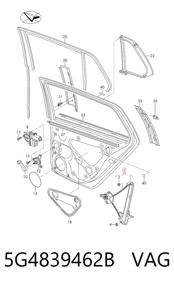 Mechanizm podnoszenia szyby drzwi tylnych prawych 5G4839462B VAG