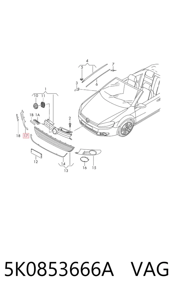 Zaślepka (kratka) lamp przeciwmgielnych zderzaka przedniego prawa 5K0853666A VAG