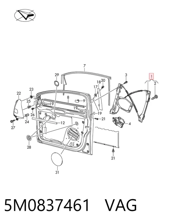 Mechanizm podnoszenia szyby drzwi przednich lewych 5M0837461 VAG