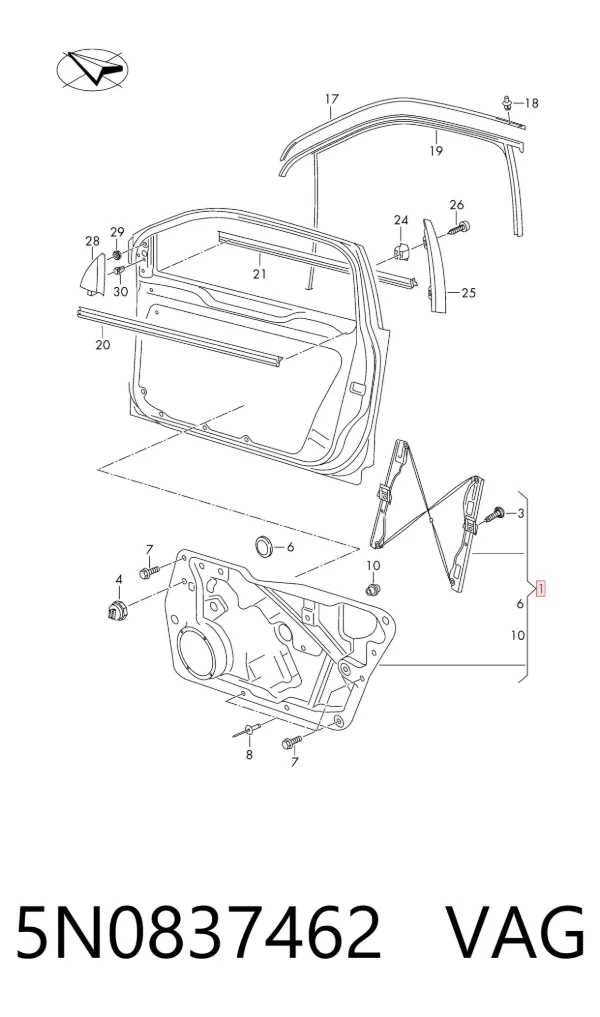 Mechanizm podnoszenia szyby drzwi przednich prawych 5N0837462 VAG