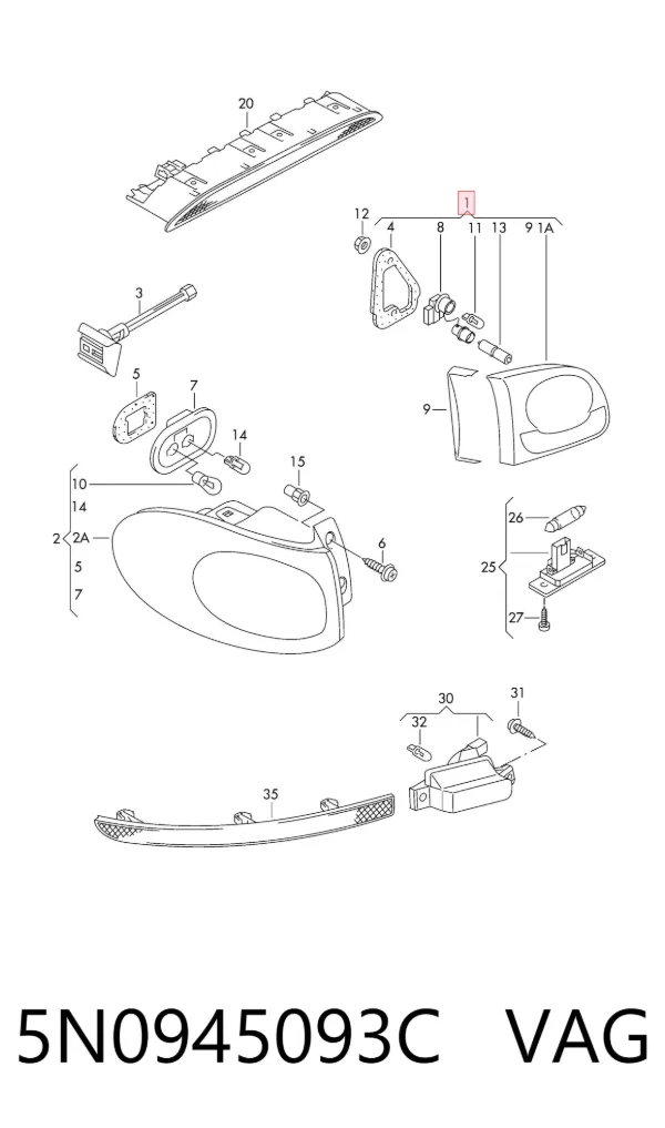 Lampa zespolona tylna lewa wewnętrzna 5N0945093C VAG
