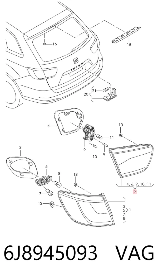 Lampa zespolona tylna lewa wewnętrzna 6J8945093 VAG