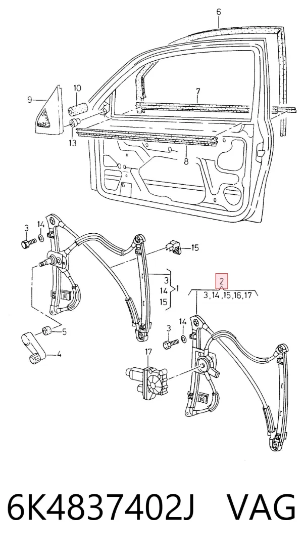 Mechanizm podnoszenia szyby drzwi przednich prawych 6K4837402J VAG