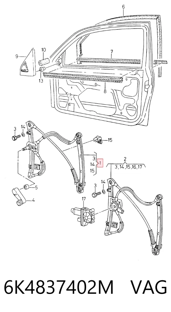 Mechanizm podnoszenia szyby drzwi przednich prawych 6K4837402M VAG