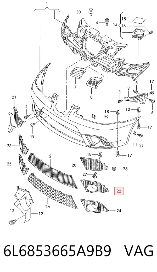 Zaślepka (kratki) lamp przeciwmgielnych zderzaka przedniego lewa 6L6853665A9B9 VAG