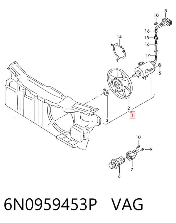 Wentylator elektryczny układu chłodzenia kompletny (silnik+wirnik) 6N0959453P VAG