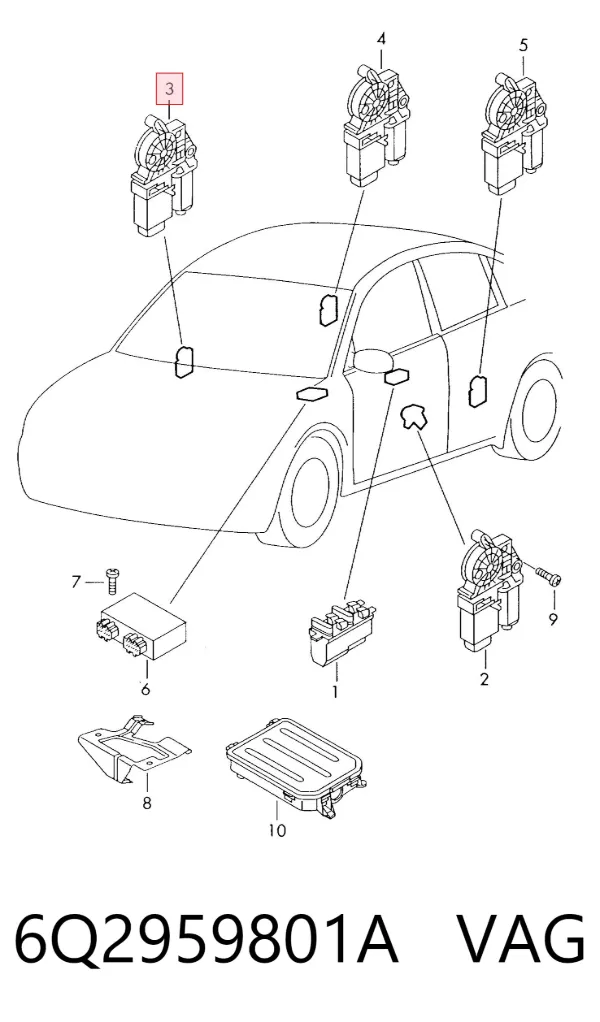 Mechanizm podnoszenia szyby drzwi przednich prawych 6Q2959801A VAG