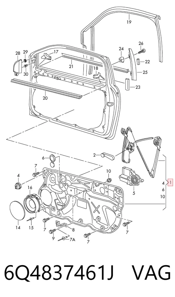 Mechanizm podnoszenia szyby drzwi przednich lewych 6Q4837461J VAG