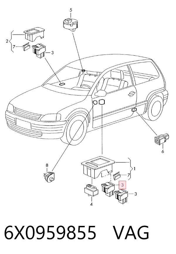 Włącznik przyciskowy podnośnika szyby przedni prawy 6X0959855 VAG