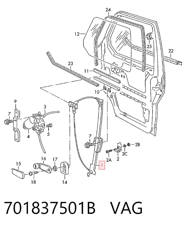 Mechanizm podnoszenia szyby drzwi przednich lewych 701837501B VAG