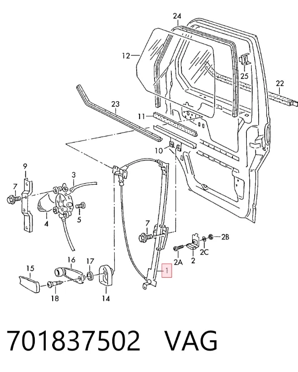 Mechanizm podnoszenia szyby drzwi przednich prawych 701837502 VAG