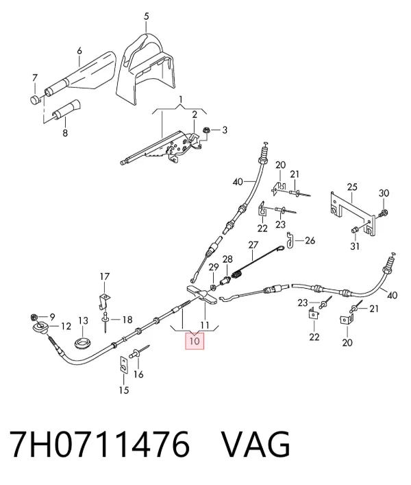 Linka hamulca ręcznego przednia 7H0711476 VAG