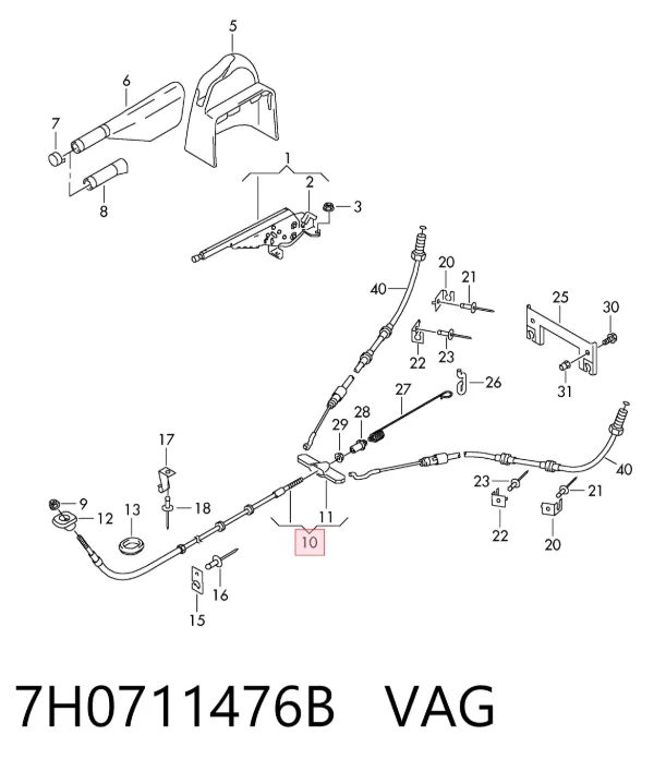 Linka hamulca ręcznego przednia 7H0711476B VAG
